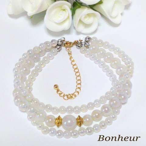 【Bonheur】フラッシュホワイトカルセドニーの3連ブレスレット