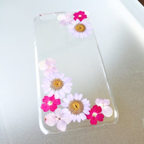 iPhone6ケース 押し花 コーナー パープル/ピンク