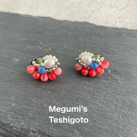 天然石×チェコビーズ⭐︎刺繍ピアス・イヤリング