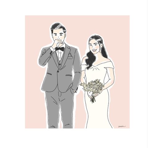 似顔絵　線画　イラスト　結婚　結婚報告