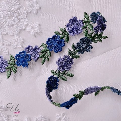 345【ブレード/50cm】フラワー刺繍/パープル×グレー×ネイビー