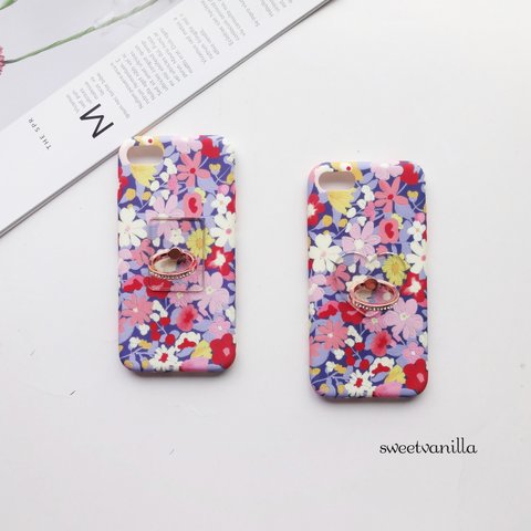 カラフルフラワー 花柄 ◆ iPhone各種 バンカーリング 付き♥ シリコン素材 ショルダー スマホケース
