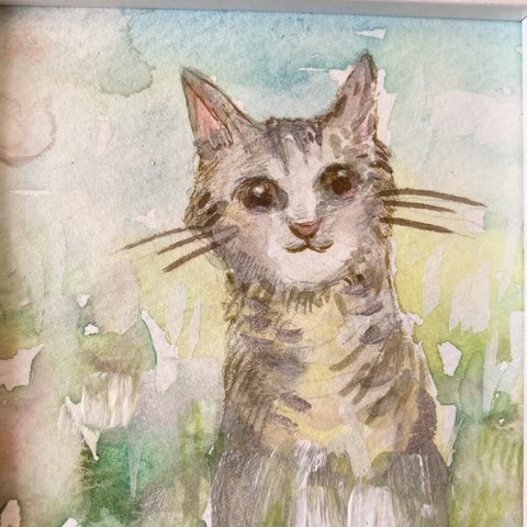 猫　花　花畑　ハンドメイド　原画　水彩　しましま　にっこり　草　草花　オーガニック