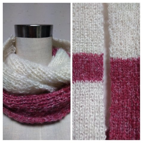 暖かフリンジモヘア毛糸2重巻きスヌード赤白パッチワーク