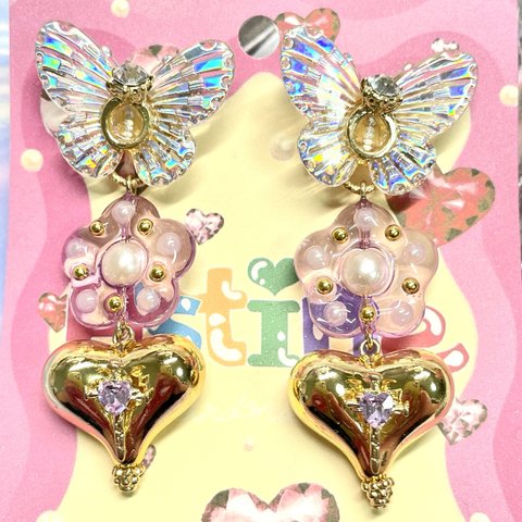 ココロオドル リング カラフル ハート ピアス(pink gold)