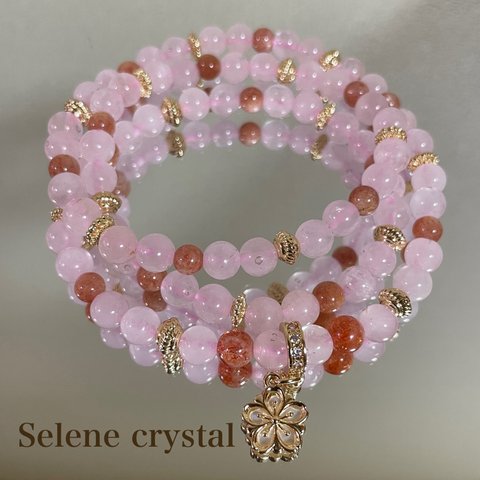 春　ローズクォーツ　サンストーン　3連ブレスレット　　　　さくら　桜　サクラ　春らしいカラー　Selene crystal