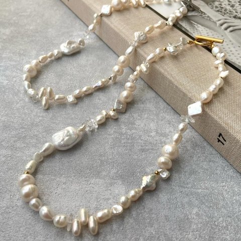 【all 316Lサージカルステンレス】N2691〈gold/silver〉pearlnecklace