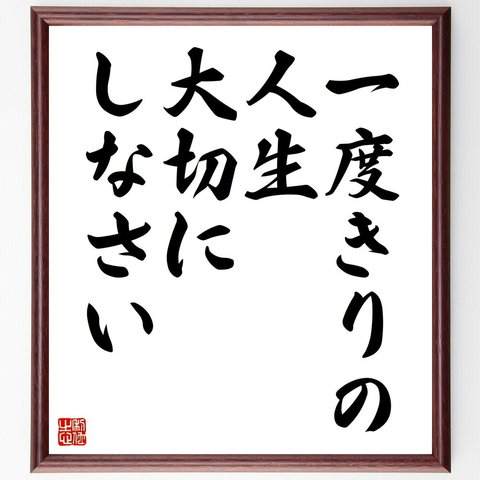 名言「一度きりの人生、大切にしなさい」額付き書道色紙／受注後直筆（V4440）