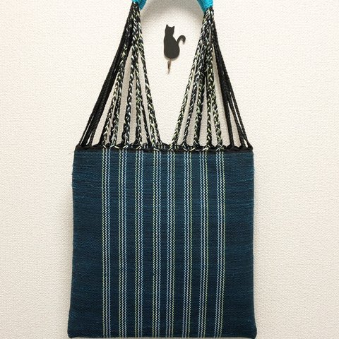 裂き織り　三つ編みトートバッグ（青系・フラットタイプ）