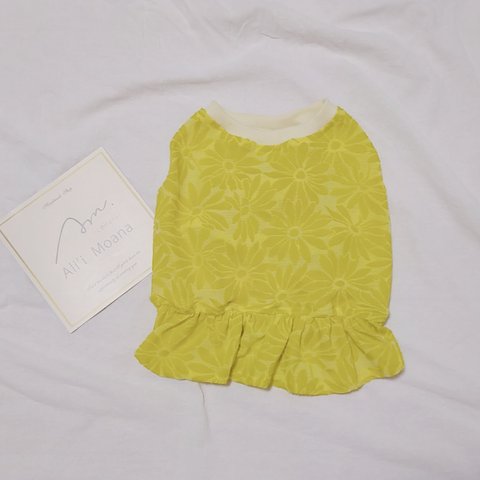 【flower peplum tank】フラワーペプラムタンク　イエロー　花柄　フリルタンク　フレブル　パグ　フレンチブルドッグ　パグ服　フレブル服　犬服　リンクコーデ　タンクトップ