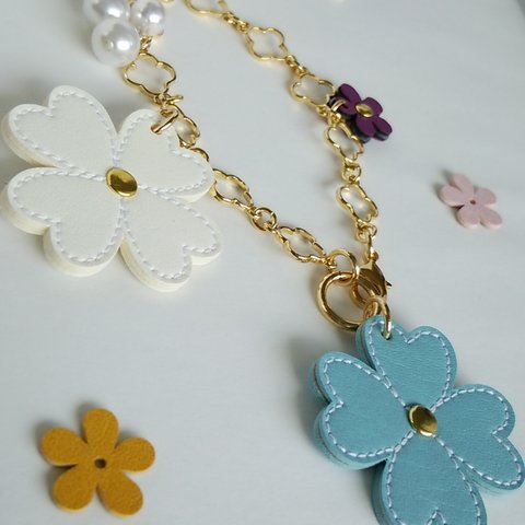 Triple･レザーFlower & flower チェーン gold