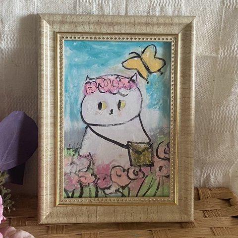 絵画。原画手描【かわいい白猫ちゃんの楽しい花田遠足】