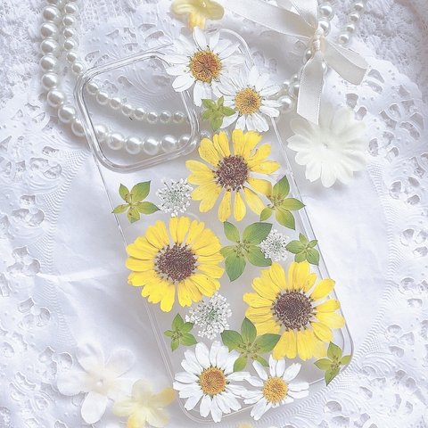 セール中❤️全機種♡早め発送♡ひまわりとマーガレットのスマホケース♡押し花♡iPhoneケース♡Androidケース♡AQUOS♡GALAXY♡moto/oppo/huawei 