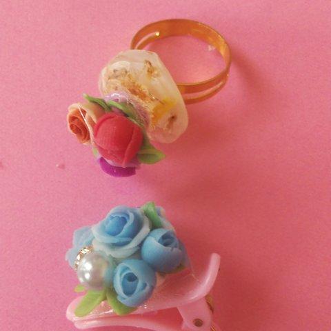 リングハート＆ピンク系花束＆ベビークリップブルー系花束💐