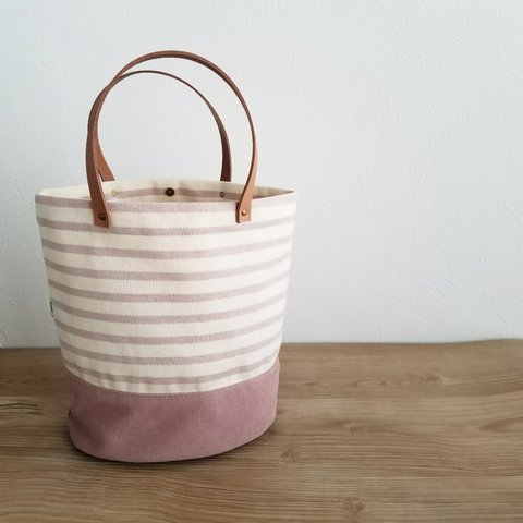 落ちつきピンクのバケツ型bag☆ボーダーニット×ヴィンテージ帆布【再販】