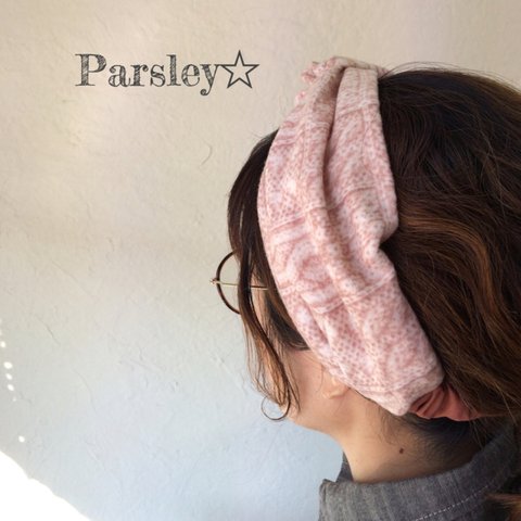 【SALE】ニット柄Ｗガーゼのヘアバンド☆ピンク