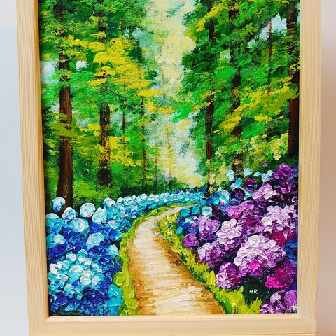 油絵 絵画 紫陽花畑の道