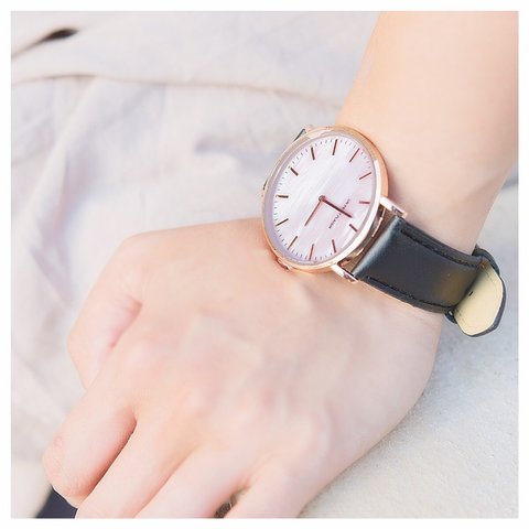 【パールピンクが可愛い】腕時計 シンプル ブラック レディース メンズ レザー ベルト交換可能 ギフト