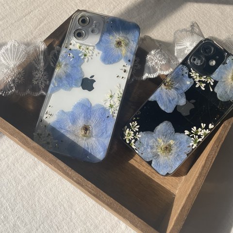 【デルフィニウムレース】 押し花スマホケース　全機種対応　ソフトケース　手帳型ケース　バンパーケース　android 14 13 13pro 11 12 12mini 7 8 SE2  青　ブルー