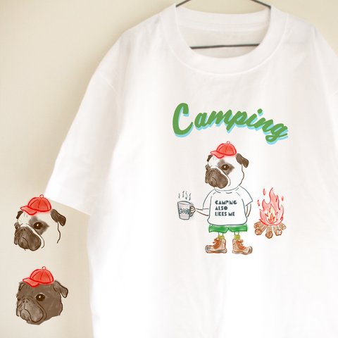 キャンプパグ　 Tシャツ　メッセージ　お出かけ T　親子コーデ　キャンプ　