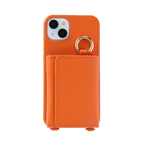 【iPhone15 plus】本革 ・ショルダー レザー ウォレット 大容量カードケース付き 取り外し可能な財布機能と多様なスタイル オレンジ