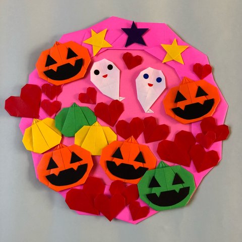 折り紙ハロウィンリース＊おばけかぼちゃとハート・ピンク