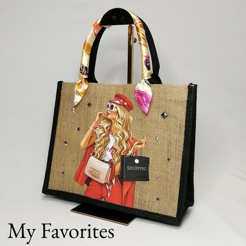 🎀スカーフつき🎀レッド♥️白サングラスにカメリアショッパー🕶️👜✨明るい はっきりカラーのカッコかわいいレディデザイン💗ロングヘアも素敵🤎アメリカンなジュートバック👜🎀