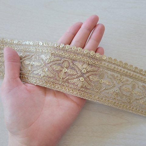 〖50cm〗インド刺繍リボン <商品No.486 フラワー × シャンパンゴールド> 