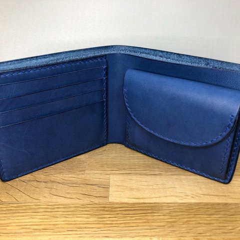 イタリアレザー　ブルー　ヌメ革　二つ折り財布【受注生産】