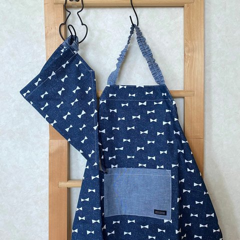 【130】リボンデニムカラー☆子供 キッズ エプロン&三角巾