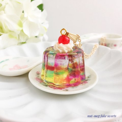 ゼリーのネックレスmini(レインボー)(Rainbow jelly necklace)(フェイクスイーツ/スイーツデコ/食品サンプル/レジン)