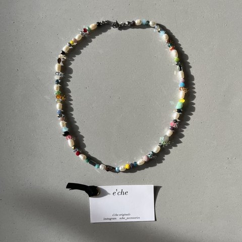 e’che originals colorful glass beads necklace with fresh water pearl 