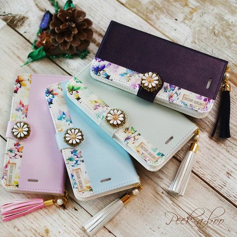 ✳︎iPhone13 Xperia Galaxy 全機種対応✳︎Rosy Floral❁*.ﾟ ブルー/ブラック/ピンク/グリーン 手帳型スマホケース 