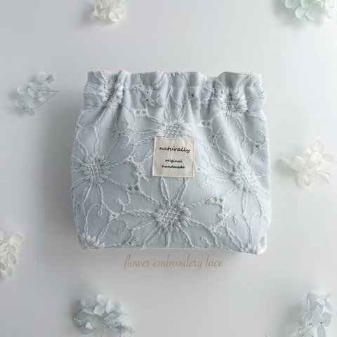 cotton お花刺繍レース♡ ミントグリーン系　三角マチのバネ口ポーチ12cmバネ