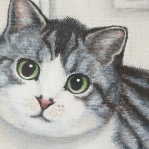  「隅っこのムー」（額付 / ホワイト）A4  キャンバス ジクレー版画 #猫の絵 #ねこ #サバトラ白 #絵画 #art #通販 #アート