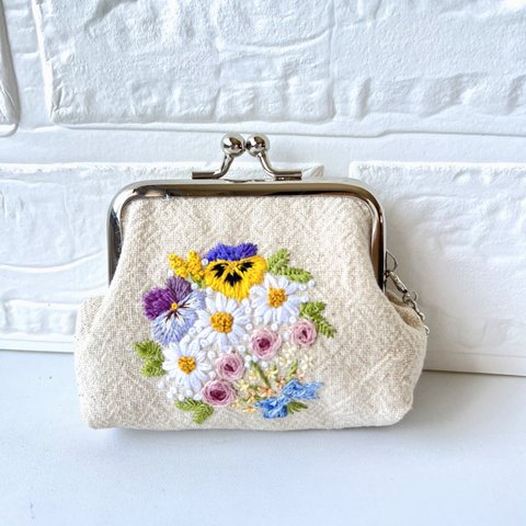 【受注制作】花束刺繍のがま口財布・ポーチ