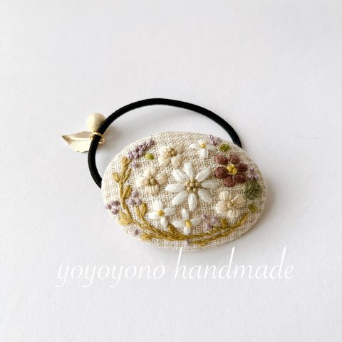 手刺繍ヘアゴム　綿麻