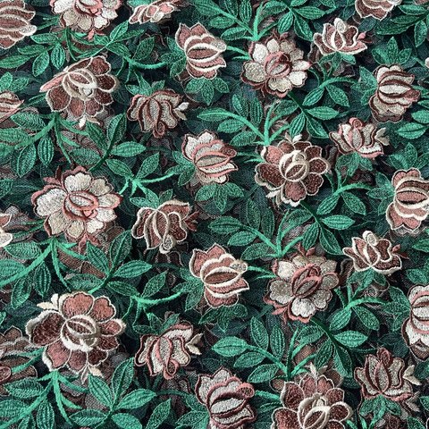 c1979 花柄　ボタニカルフラワー上質 刺繍生地 総レース生地　レトロ生地  ネットチュール　ベージュブラウングリーン