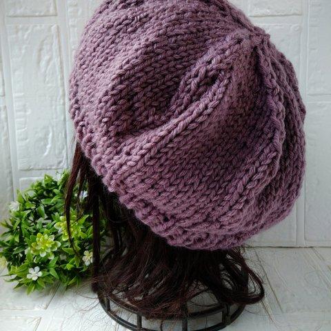 手編みのシンプルベレー帽♡ 　アクリル　紫　パープル