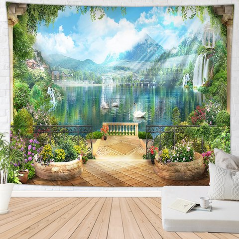 タペストリー金具付きE89　滝　白鳥の湖　　壁飾り　ゴージャス　庭園　DIY 送料無料
