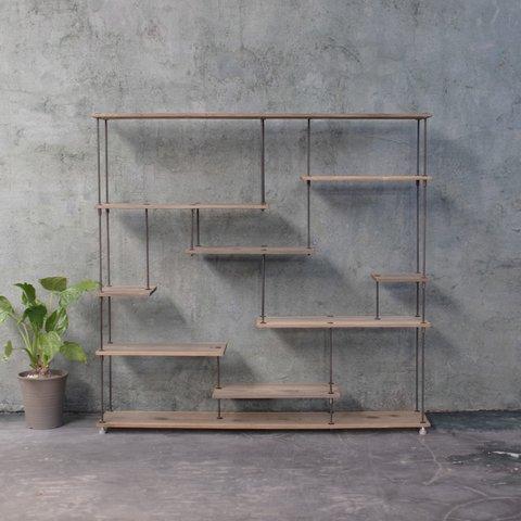 SALE【即納】wood iron shelf 1150*1200*225〈グレイッシュカラー〉アイアン 棚 ラック シェルフ 鉄 木 収納棚 ウォールシェルフ 両面棚 商品棚 デイスプレイ