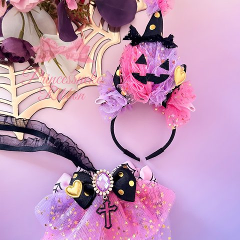 ハロウィン🎃カチューシャ&チョーカーセット👻🎃ピンクパープル②💖candypop & cherie 💖 撮影用💖