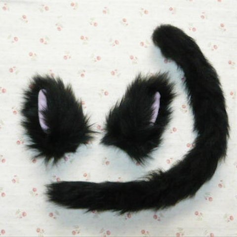 <即納品>黒猫耳(横向き・長毛)としっぽのセット