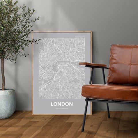アートポスター MAP ロンドン イギリス グレー L判 ハガキ 2L判 A4 A3 B3 A2 B2 アート モノトーン 地図 インテリアポスター【MAP_GY03】