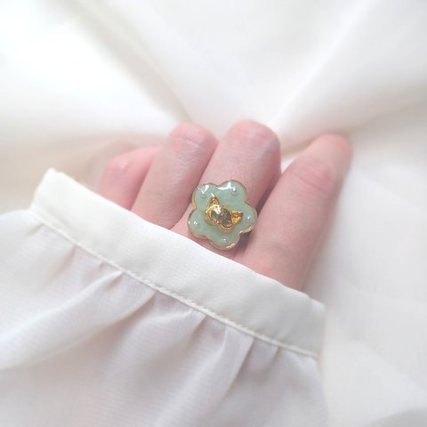 vintage cat ring ねこのお花リング B ( シャーベットグリーン・フリーサイズ)