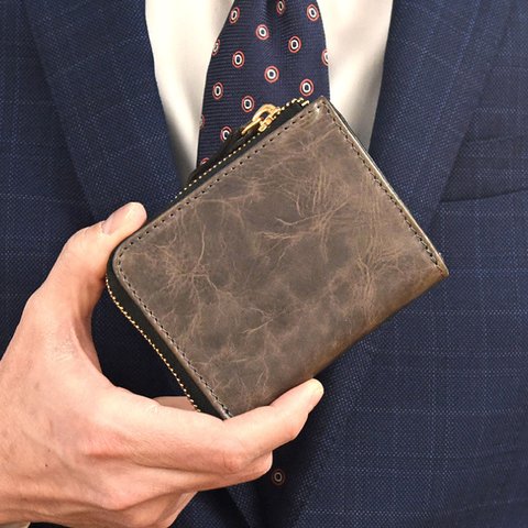 二つ折り財布 l字ファスナー 手に馴染む 本革 ミニ財布 小さい コンパクト 財布 スレートグレー JAW029