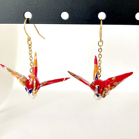 origami crane earrings  M   no.18  /  pearl パール　折り紙　ピアス　鶴　お土産　ギフト　gift souvenir 和服　和装　浴衣　着物　kimono 