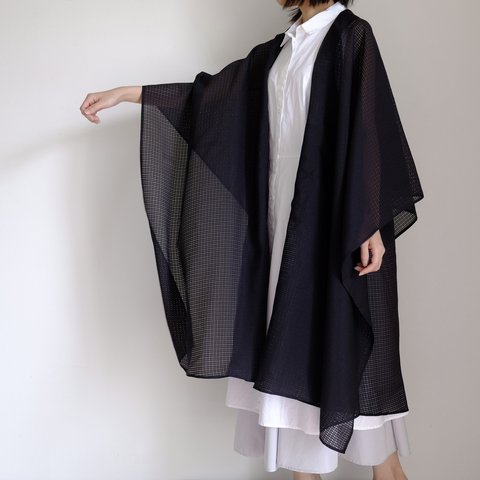 ＊sold＊ ロング ケープ コート Re_1say / キラキラシフォン ポリエステル 【 黒 格子 】 long cape coat