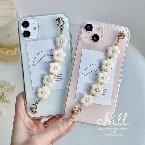 ✿iPhone15シリーズ対応✿ キーリングハンガー【White flower】iPhoneケース　スマホケース