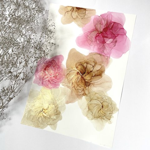 【送料無料】アルコールインクアート インテリア ポスター《elegantflower pink beige》